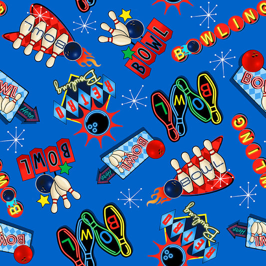 Rock N' Bowl Tossed Neon Bowling Signs Medium Blue by Urban Essence Designs Blank Quilting Cotton Fabric