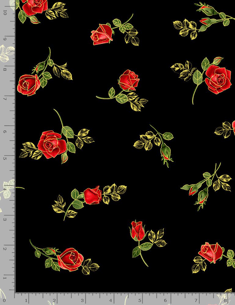 Rose Gilded Rose Red Metallic Rose Buds Black Chong-A Hwang Timeless Treasures 44 inch Cotton Fabric TT-CM1253 Black