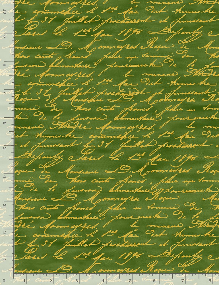 Rose Gilded Rose Script Metallic Green Chong-A Hwang Timeless Treasures Cotton Fabric TT-CM1322 Green