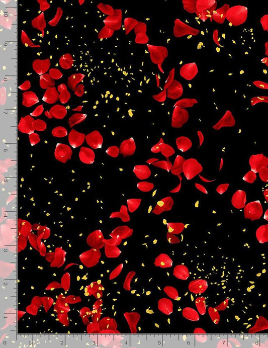 Rose Gilded Metallic Falling Red Rose Petals Black Chong-A Hwang Timeless Treasures Cotton Fabric TT-CM1254-Black