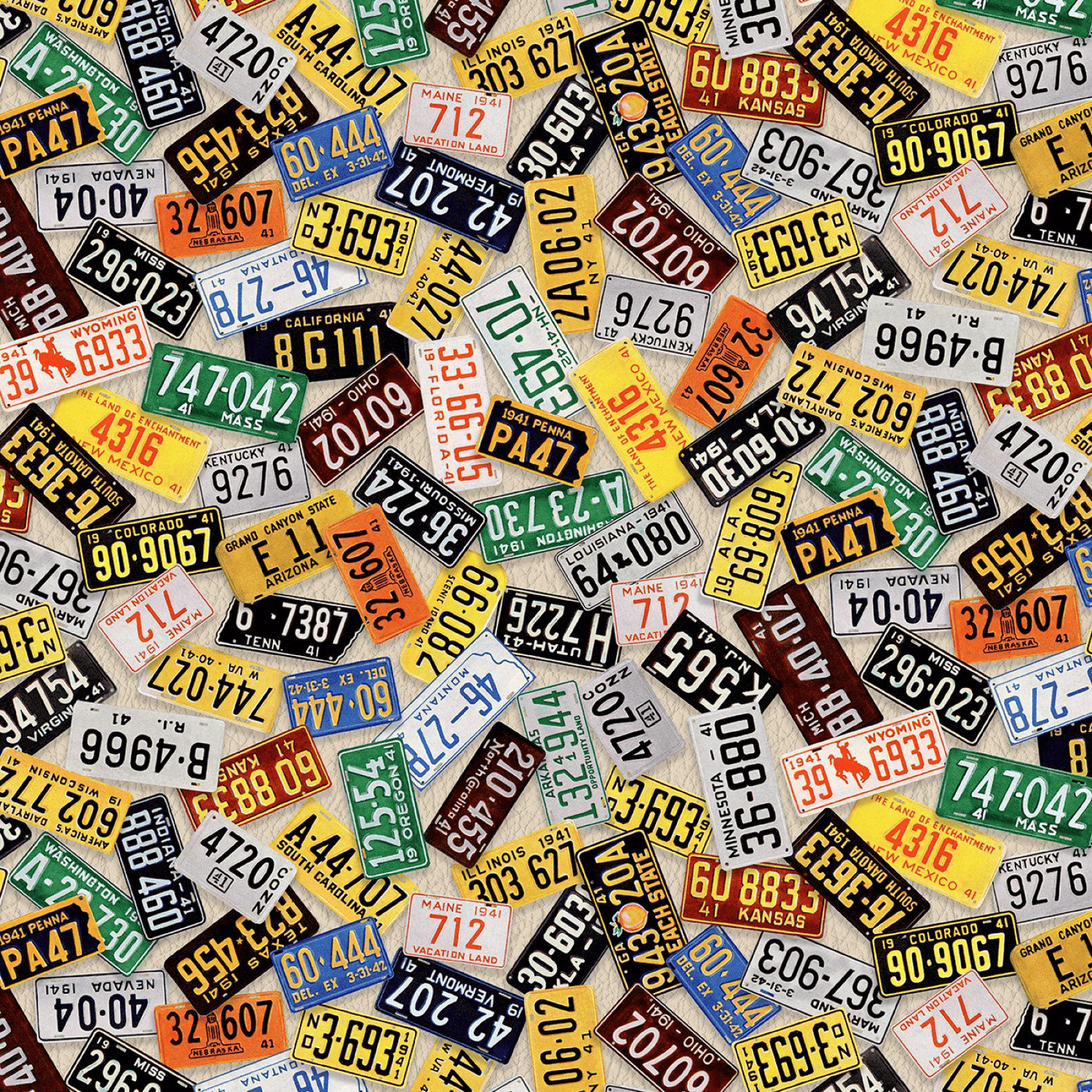 Route 66 Commemorative License Plate Toss Ecru White Cream Curtis Licensing P&B Textiles Cotton Fabric PB-RCCO-6014-E | US Fabric Shop