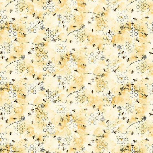 Royal Jelly Mini Bees Honeycombs Parchment Yellow Jane Archer Blank Quilting Fabric Cotton Fabric