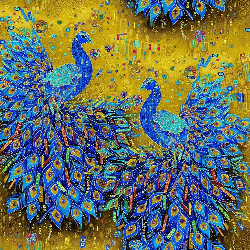 Royal Peacocks Plume Gold Chong-A Hwang Timeless Treasures Cotton Fabric TT-PLUME-CM3431-GOLD