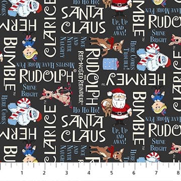 Rudolph The Red-Nose Reindeer Phrases Text Charcoal Northcott Cotton Fabric NC-RD1006-96 | US Fabric Shop