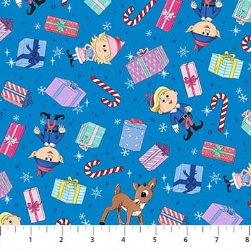 Rudolph The Red-Nose Reindeer Presents Blue Northcott Cotton Fabric NC-RD1005-47 | US Fabric Shop