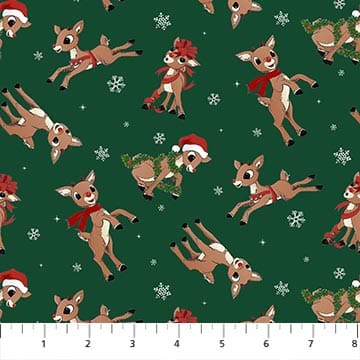 Rudolph The Red-Nose Reindeer Rudolph Toss Dark Green Northcott Cotton Fabric NC-RD1001-78 | US Fabric Shop