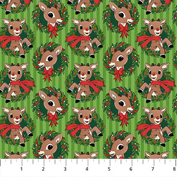 Rudolph The Red-Nose Reindeer Rudolph Wreath Green Northcott Cotton Fabric NC-RD1002-73