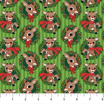 Rudolph The Red-Nose Reindeer Rudolph Wreath Green Northcott Cotton Fabric NC-RD1002-73 | US Fabric Shop