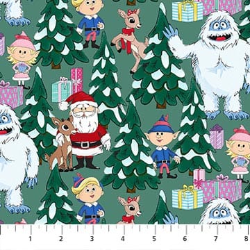 Rudolph The Red-Nose Reindeer Reindeer Scene Light Spruce Green Northcott Cotton Fabric NC-RD1004-75 | US Fabric Shop