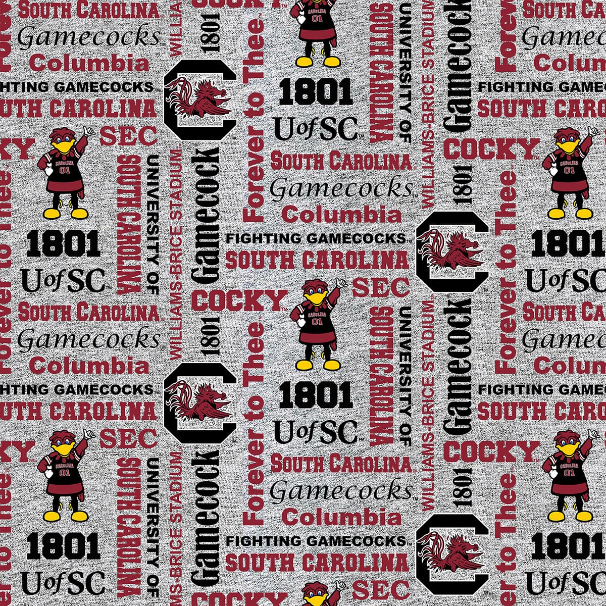 South Carolina Gamecocks NCAA College Heather Verbiage Sykel Enterprises Polyester FLEECE Fabric SC-1162 | US Fabric Shop