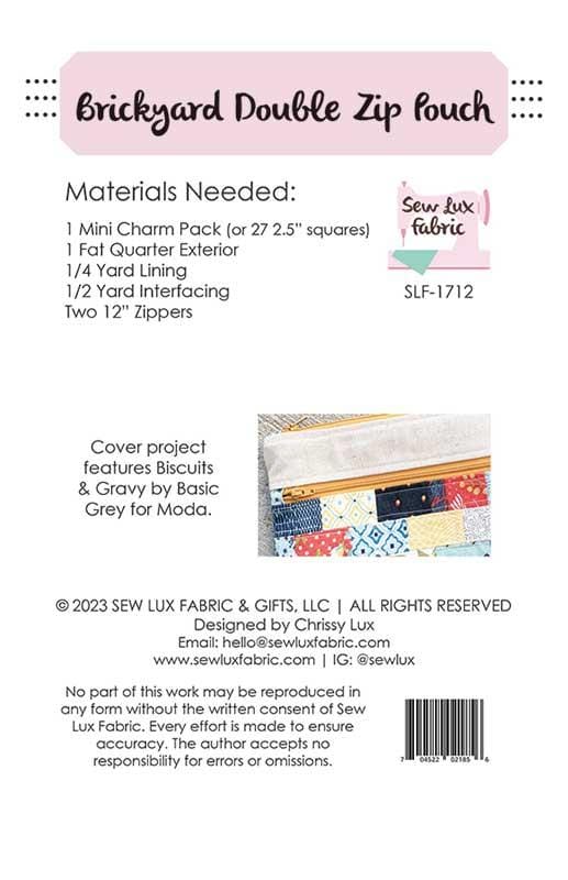 Brickyard Double Zip Pouch 7"x10" Bag Tote Pattern Chrissy Lux Sew Lux Fabric & Gifts SLF-1712 | US Fabric Shop