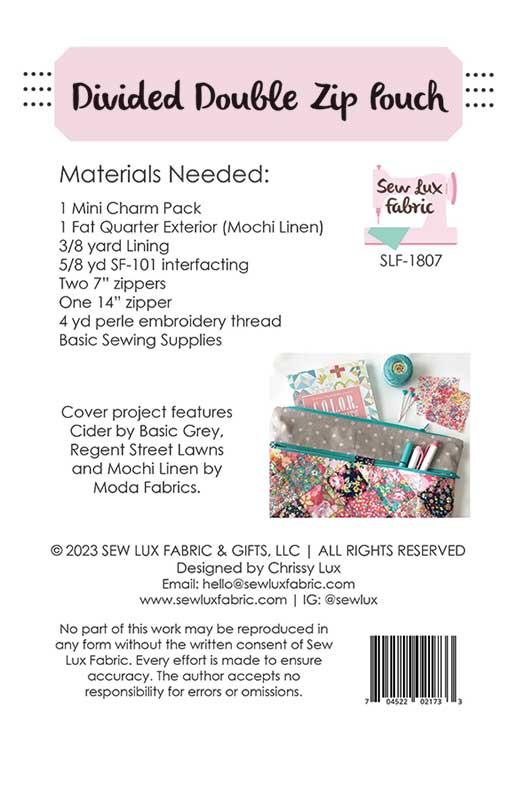 Divided Double Zip Pouch Bag Tote Pattern 9"x12" Mini Charm Friendly Chrissy Lux Sew Lux Fabric & Gifts SLF-1807