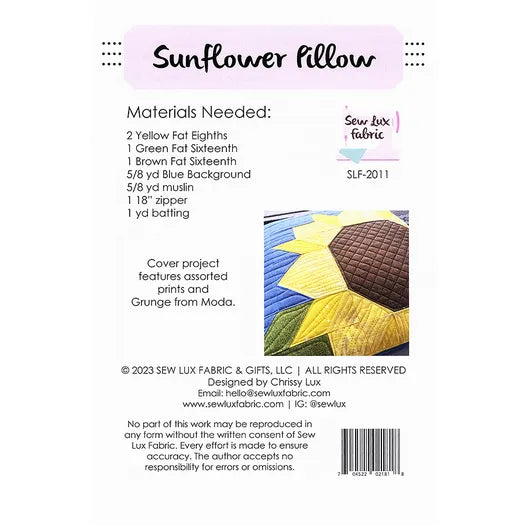 Sunflower Pillow Quilt Pattern 18" x 18" Sew Lux Fabric SLF-2011
