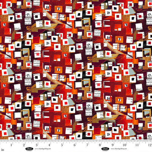 Spread The Word Newspaper Snippets on Abstract Shapes Red Kathryn Kramer Waters Blank Quilting Cotton Fabric BQ-4201-88