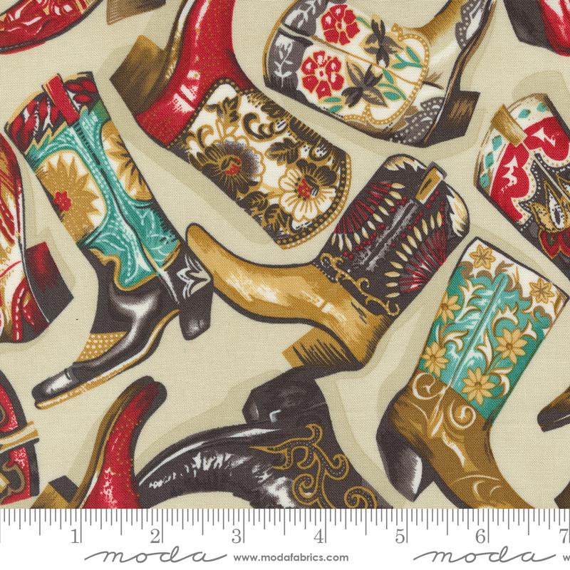 Saddle Ranch Cowboy Boots Tossed in Trail Dust Beige designed by Moda Fabrics 44 inches wide 100% Cotton Quilting Fabric