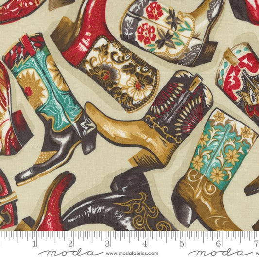 Saddle Ranch Cowboy Boots Tossed in Trail Dust Beige designed by Moda Fabrics 44 inches wide 100% Cotton Quilting Fabric