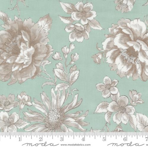 Sandalwood Camellia Floral Eucalyptus Aqua 3 Sisters Moda Cotton Fabric