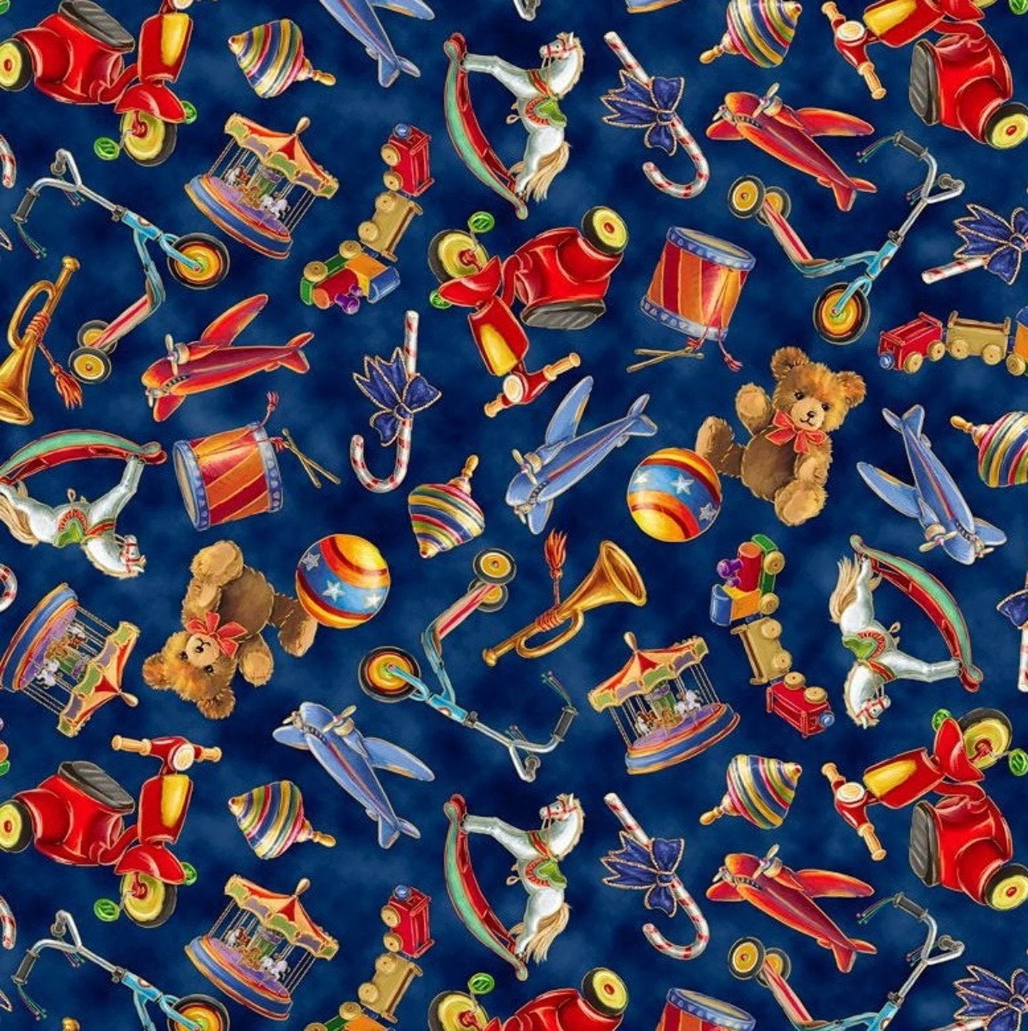 Santa's Night Out Tossed Toys Navy Blue Marcello Corti Quilting Treasures