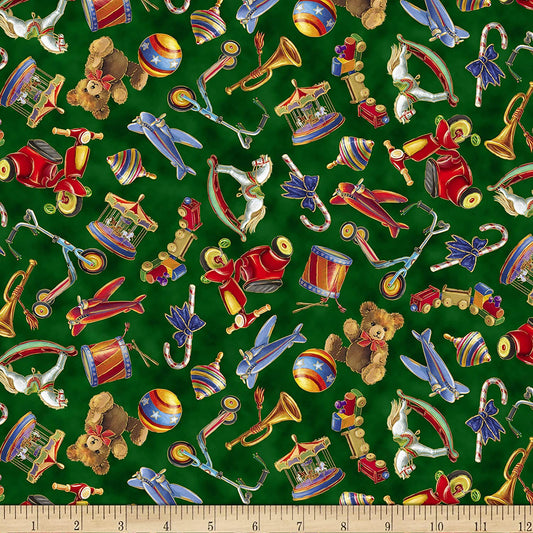 Santa's Night Out Tossed Toys Dark Forest Green Marcelli Corti Quilting Treasures Cotton Fabric