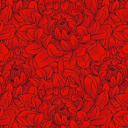 Scarlet Days & Nights Pen and Ink Peonies Red Color Principle Henry Glass Cotton Fabric HG-3299-88