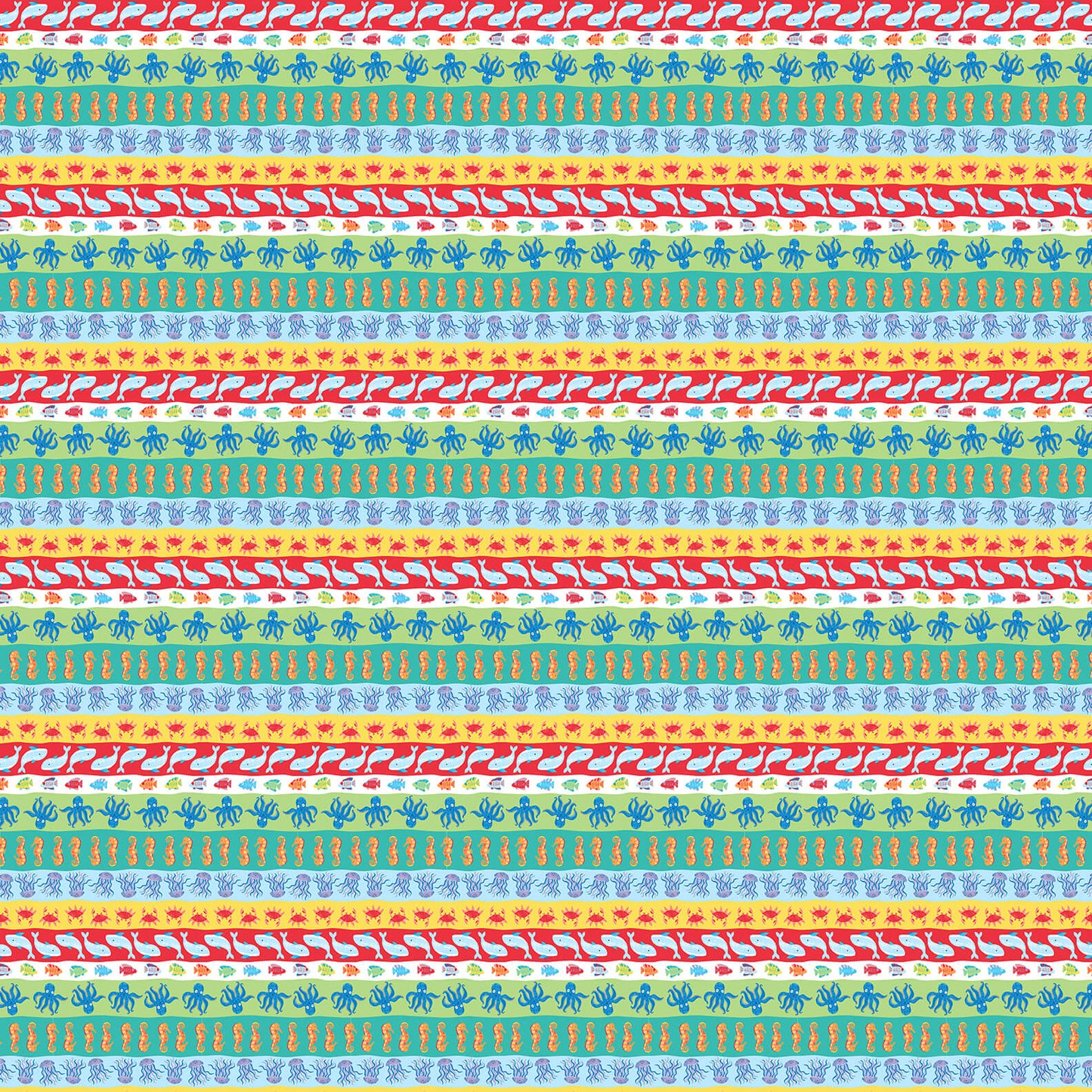 Seas the Day Novelty Stripe Seahorse Crab Starfish Jellyfish Octopus Whale Diane Eichler Studio E Cotton Fabric