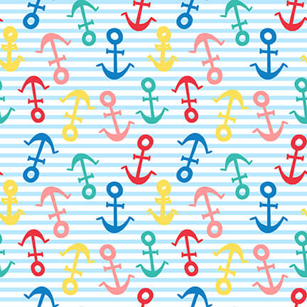 Seas the Day Tossed Anchors on a Stripe Multi Yellow Red Blue Green Pink Diane Eichler Studio E Cotton Fabric