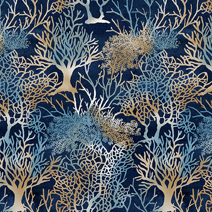 Seaside Serenity Coral Navy AJ's Watercolor Studio Blank Quilting Cotton Fabric BQ 2013-77 Navy