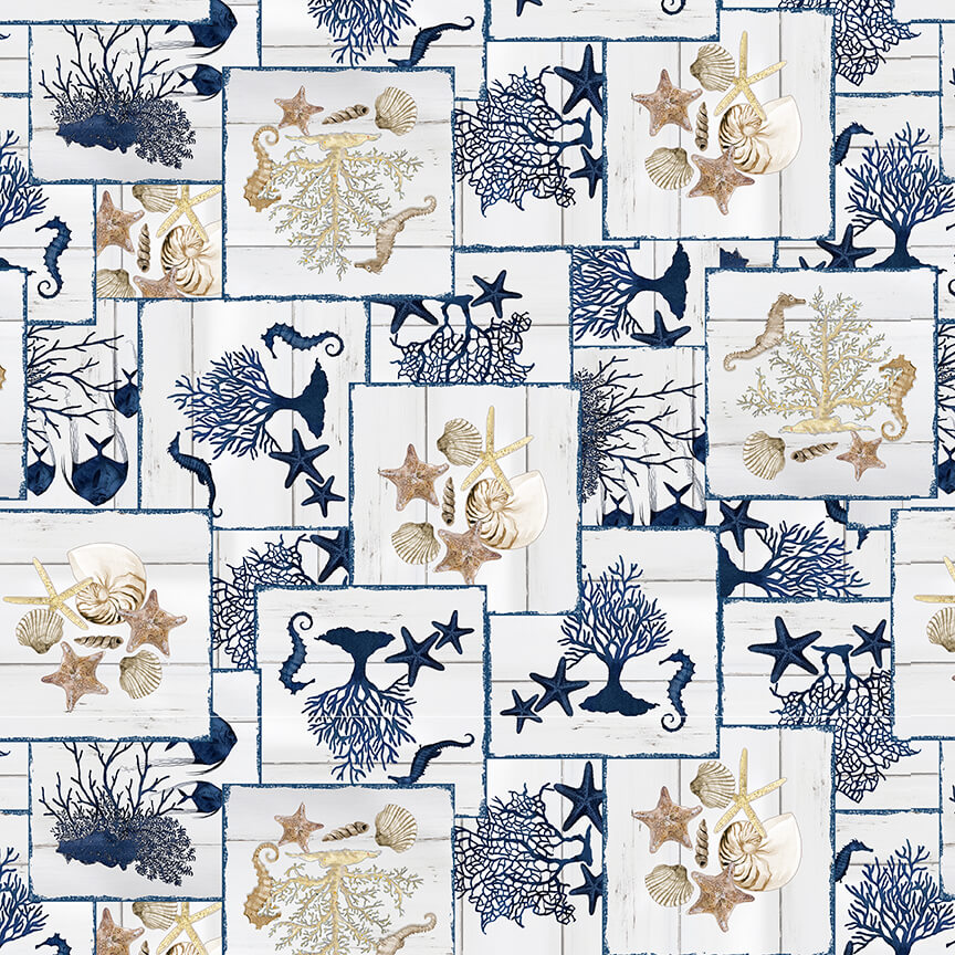 Seaside Serenity Sea Life Patch Ivory AJ's Watercolor Studio Blank Quilting Cotton Fabric