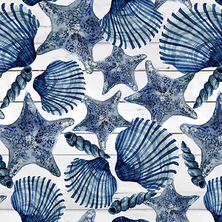 Seaside Serenity Shells Medium Blue AJ's Watercolor Studio Blank Quilting Cotton Fabric  BQ 2011-75 Med Blue