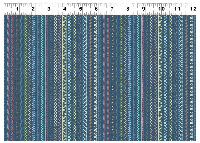 Secret Life of Squirrels IV Embroidery Stripes Dark Denim Blue Nancy Rose Clothworks Cotton Fabric CLT-Y4901-89