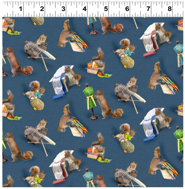 Secret Life of Squirrels IV Squirrels Dark Denim Blue Nancy Rose Clothworks Cotton Fabric CLT-Y4898-89