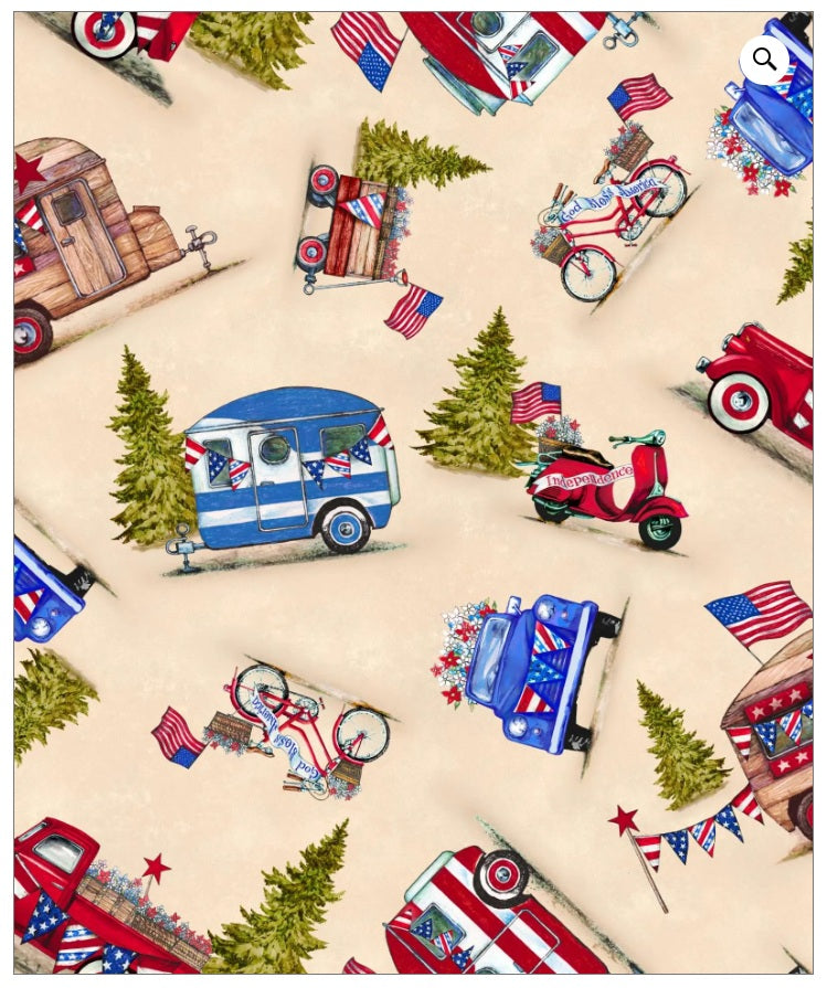 See America Campers and Bikers Beige Oasis Cotton Fabric OA-59-9091