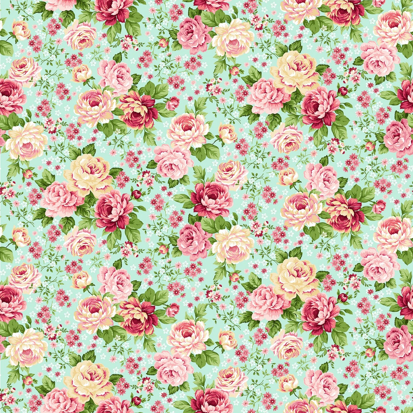 Serene Garden Master Floral Roses Aqua Blue Mary Jane Carey Henry Glass Cotton Fabric