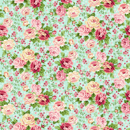 Serene Garden Master Floral Roses Aqua Blue Mary Jane Carey Henry Glass Cotton Fabric