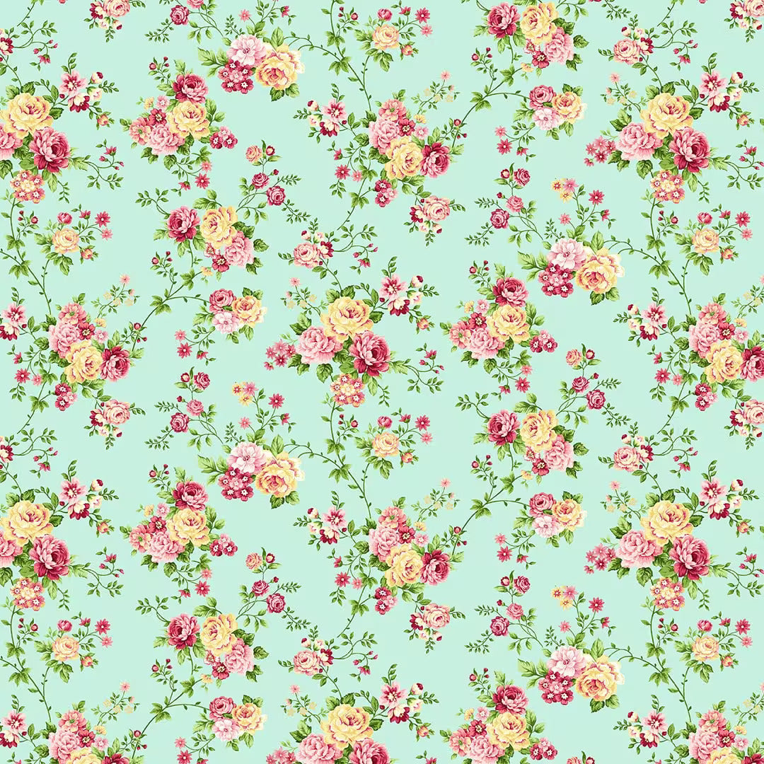 Serene Garden Floral Vines Roses Aqua Blue Mary Jane Carey Henry Glass Cotton Fabric