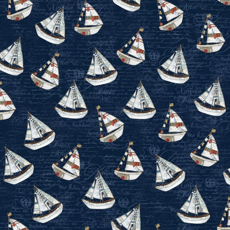 Set Sail Large Sailboats Navy Blue Christine Anderson Quilting Treasures Cotton Fabric