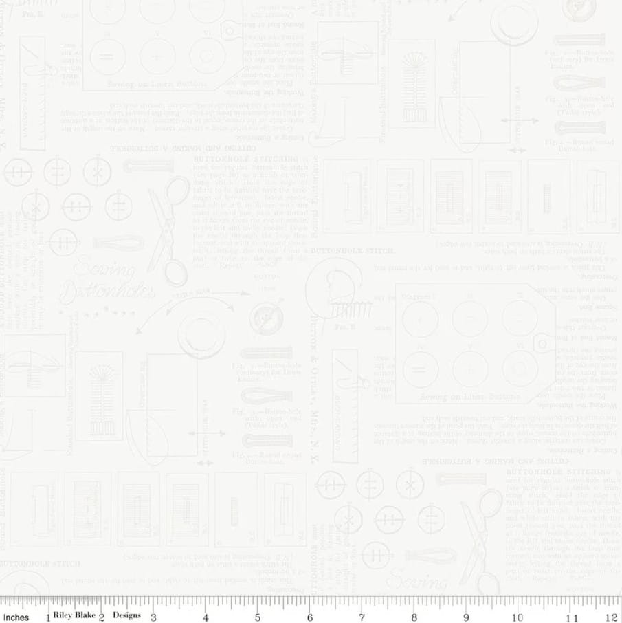 Sew America Sewing Notes White on White J. Wecker Frisch Riley Blake Designs Cotton Fabric RB-C17348-WHITE | US Fabric Shop