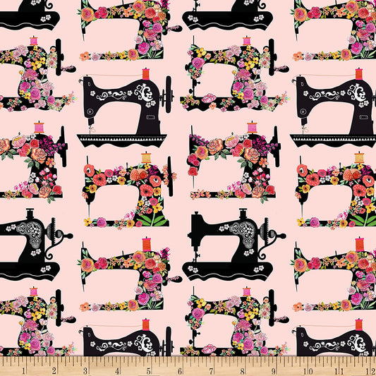 Sew Floral Sewing Machines Flowers Pink Timeless Treasures Cotton Fabric TT-C8803-Pink