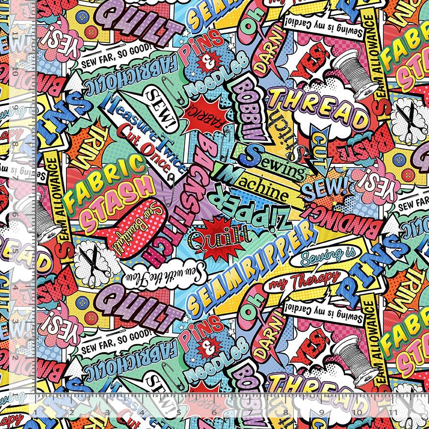 Sewing Room Sewing & Quilting Words Comic Multi Timeless Treasures Cotton Fabric TT-SEW-CD2595-MULTI