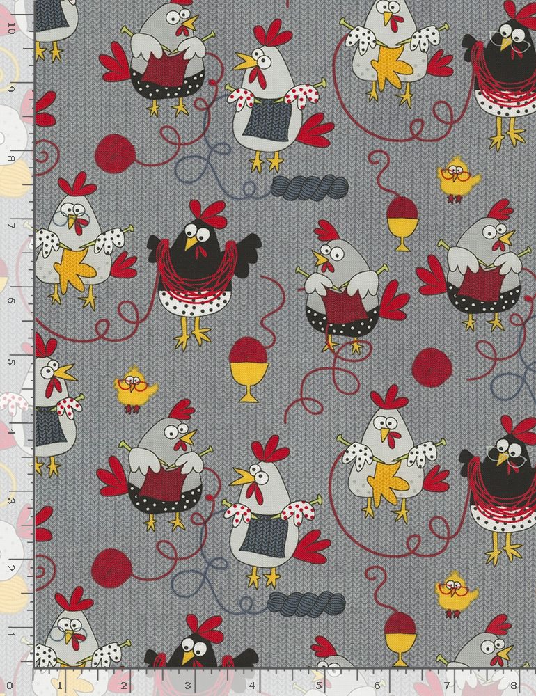 Sewing Room Knitting Chickens Grey Gail Cadden Timeless Treasures Cotton Fabric TT-GAIL-C5605-GREY