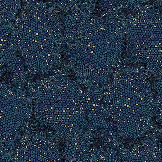 Shangri-La Abstract Tile Texture Teal Blue Green Gold Metallic Painted Sky Studio Benartex Cotton Fabric BE-16117M-83