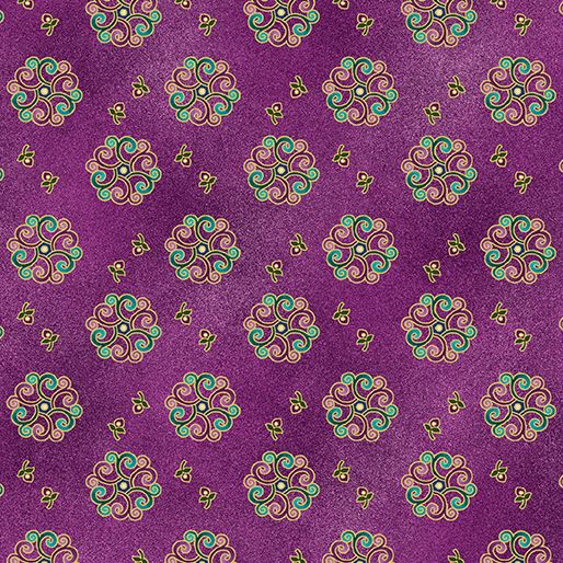 Shangri-La Medallion Burst Flowers Purple Multi Gold Metallic Painted Sky Studio Benartex Cotton Fabric BE-16116M-66