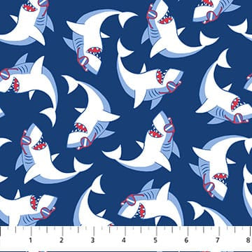 Shark Attack Tossed Sharks Navy Blue Northcott Cotton Fabric NC-28858-48 | US Fabric Shop