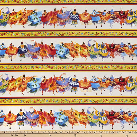 Shawl Dancers Border Stripe Cream Daniel Ramirez Elizabeth's Studio Cotton Fabric ES-32000 Cream