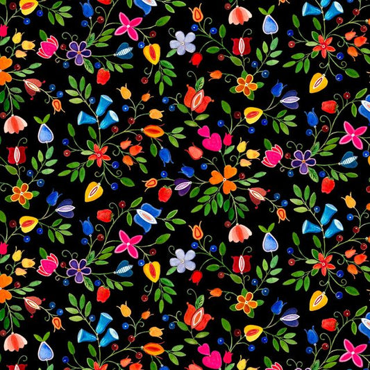 Shawl Dancers Small Floral Black Daniel Ramirez Collection Elizabeth Studio Cotton Fabric ES-32002-Black