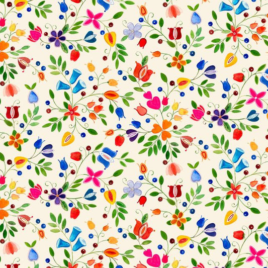 Shawl Dancers Small Floral Cream Southwest Flowers Daniel Ramirez Elizabeth's Studio Cotton Fabric ES-32002-CRE