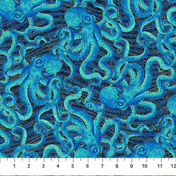 Shimmer Enigma Octopus Dark Blue Multi Deborah Edwards Northcott Fabrics Cotton Fabric NC-28182M-48