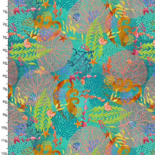 Shining Sea Colorful Coral Turquoise Connie Haley 3 Wishes Fabrics Cotton Fabric 3W-21692-TRQ