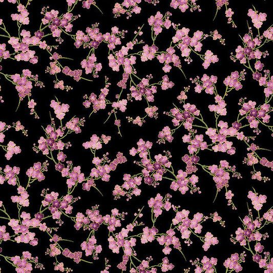 Shizuka Cherry Blossom Branches Black Metallic Chong-A-Hwang Timeless Treasures Cotton Fabric TT-FLEUR-CM3165-BLACK