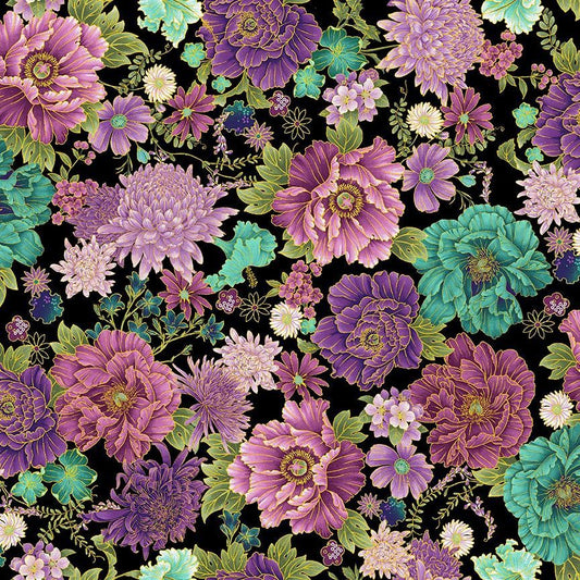Shizuka Packed Asian Floral Black Metallic Chong-A-Hwang Timeless Treasures Cotton Fabric TT-FLEUR-CM3163-BLACK